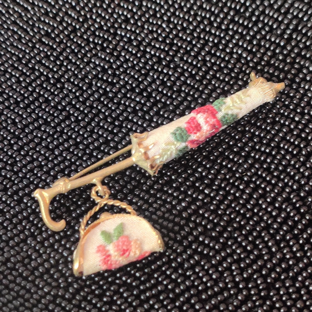 Vintage Parasol & Lady's Purse Brooch w/ Petit Point Embroidery - Picture 11 of 13